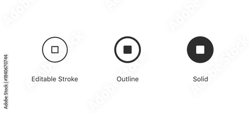 Set of stop or pause icons. Editable stroke, outline, and solid vector symbols for media.
