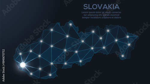 Low-poly vector map of Slovakia featuring glowing city lights and population density illustrated through star-like dots and cosmic shapes.