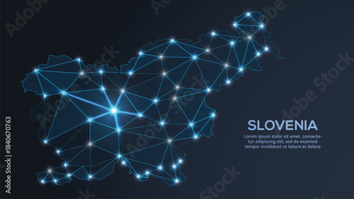Low-poly vector map of Slovenia featuring glowing city lights and population density illustrated through star-like dots and cosmic shapes.