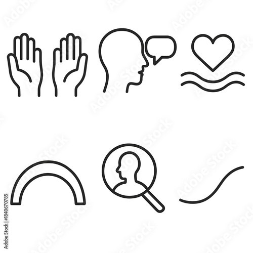 Respectful Communication Icons. Respectful Communication linear set: open hands, calm speech bubble, empathy wave, supportive arc, understanding lens, harmony line.