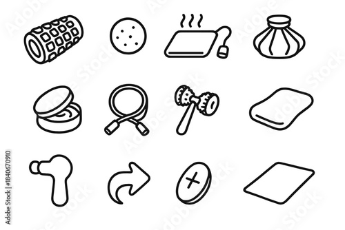 Body Relief Icons. Body Relief Accessories linear set: textured roller, trigger ball, heated wrap, ice pouch, muscle salve tin, stretch cord, handheld roller bar, comfort pad,