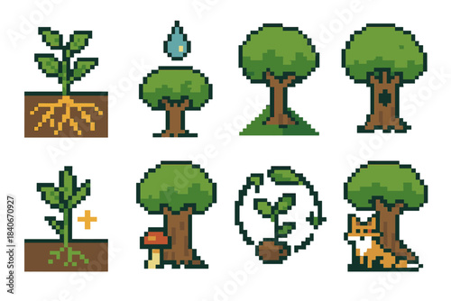 Tree Ecology Icons. Tree–environment interactions set of icons in flat pixel vector style: root absorption symbol, transpiration drop, canopy shade zone, trunk habitat niche, soil