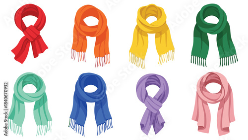 Colorful scarf collection, various knots and drapes, winter fashion accessories, fringe detail, flat vector illustration
