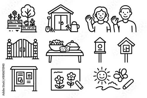 Community Garden Bliss. Neighborhood Harmony linear set: community garden, shared toolshed, friendly neighbors waving, open park gate, potluck table, birdhouse, local bulletin