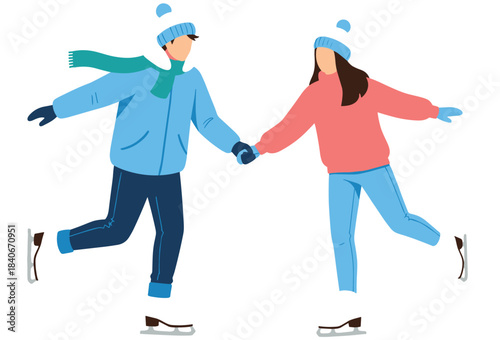 Couple ice skating together, winter clothing, holding hands, seasonal activity, cold weather fun, flat vector illustration