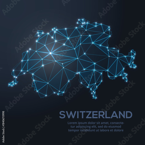 Low-poly vector map of Switzerland featuring glowing city lights and population density illustrated through star-like dots and cosmic shapes.
