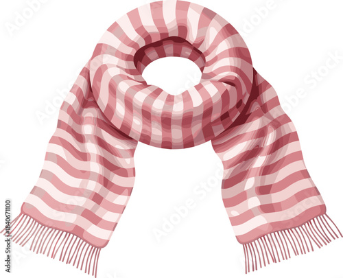 Pink striped scarf with fringes, cozy winter accessory, looped neckwear design, seasonal fashion item, flat vector illustration