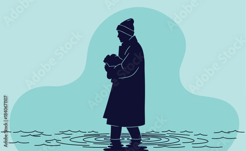 Silhouette of parent and child, standing in water, emotional moment, cold weather clothing, minimalist art, flat vector illustration
