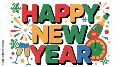 A festive Happy New Year text design featuring colorful block letters with holly leaves berries stars and fireworks motifs suitable for holiday greetings and seasonal decor
