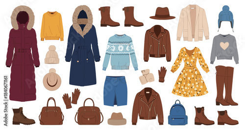 Winter and autumn clothing collection, coats, boots, sweaters, hats, scarves, accessories, seasonal fashion set, flat vector illustration