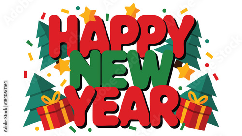 A festive Happy New Year text design featuring colorful block letters with holly leaves berries stars and fireworks motifs suitable for holiday greetings and seasonal decor