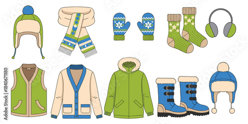 Winter clothing and accessories set, hats, scarves, mittens, boots, coats, socks, seasonal fashion items, flat vector illustration