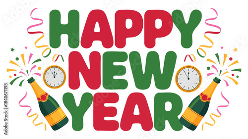 A festive Happy New Year text design featuring colorful block letters with holly leaves berries stars and fireworks motifs suitable for holiday greetings and seasonal decor