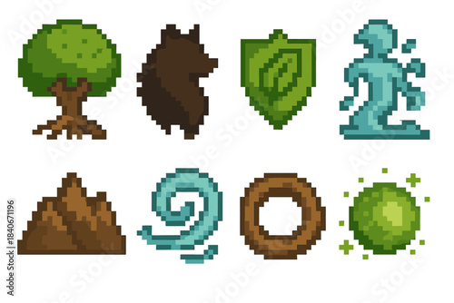 Nature Guardian Icons. Nature Guardian pixel style set: rooted tree, animal protector silhouette, leaf shield, river spirit icon, mountain guardian mark, wind swirl, earth ring,