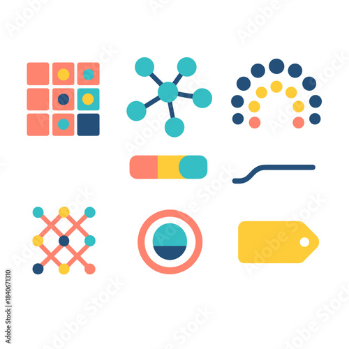 Vibrant Logic Systems. Self-organizing logic systems flat set: emergent rule tile, logic node cluster, adaptive pathway bar, pattern formation arc, decision lattice, coherence