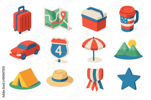 Holiday Travel Icons. Independence Day Holiday Travel isometric flat set: suitcase, road map, picnic cooler, travel mug, car silhouette, highway sign, beach umbrella, mountain view