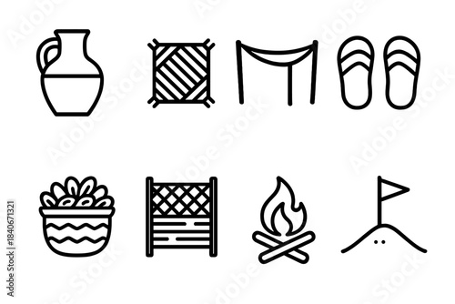 Desert Essentials Icons. Desert Lifestyle Elements linear set: clay water jug, woven mat, shade canopy, sand sandals, date basket, windbreak screen, small fire pit, dune marker.