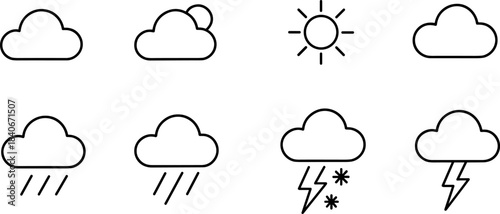 Weather forecast icons set. Sun, clouds, rain, snow, wind, storm outline symbols