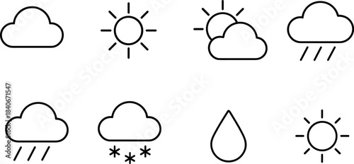 Weather forecast icons set. Sun, clouds, rain, snow, wind, storm outline symbols