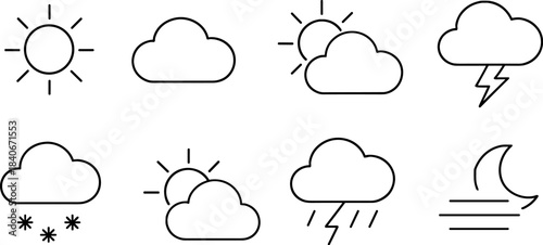 Weather forecast icons set. Sun, clouds, rain, snow, wind, storm outline symbols