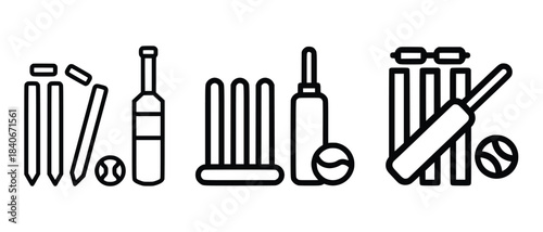 Cricket Equipment Icons Set – Bat, Ball, Wickets, and Stumps vector illustration