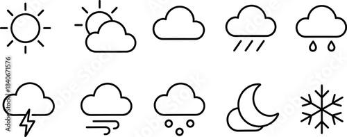 Weather forecast icons set. Sun, clouds, rain, snow, wind, storm outline symbols