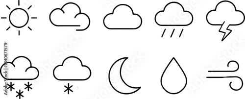 Weather forecast icons set. Sun, clouds, rain, snow, wind, storm outline symbols