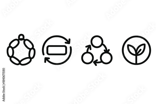 Sustainable Icon Set. Sustainable Material Flows linear set: reclaimed-material bead, circular-input bar, low-impact node.