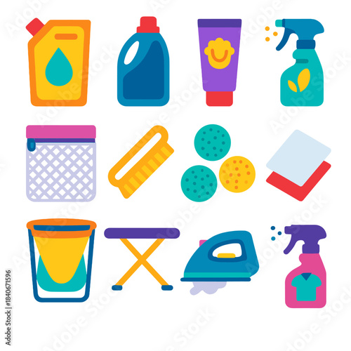 Laundry Essentials Icons. Clothing Care Essentials flat set: concentrated detergent pouch, bleach bottle, wool wash tube, odor remover mist, delicates bag, laundry brush, dryer