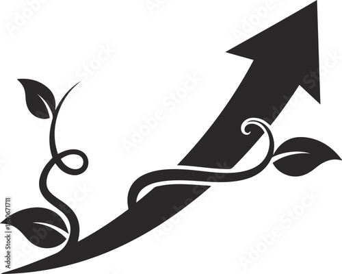 Black arrow graph growing upwards with green leaves and vines growth increase