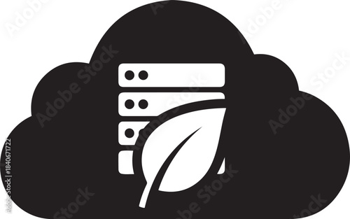 Black cloud icon with stacked servers and a leaf symbol inside technology data