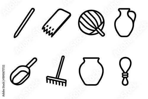 Historic Farming Tools Icons. Early farming implements linear set: digging stick, threshing board, winnowing fan, water jug, grain scoop, simple rake, storage pot, rope tie.