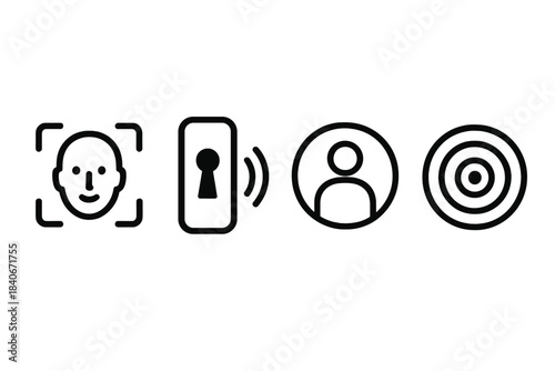 Identity Security Icons. Identity-Aware Presence Systems linear set: biometric-detect panel, secure-entry strip, occupancy-alert coil.