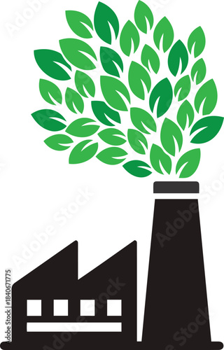Black factory silhouette with green leaves emerging from chimney industry smoke