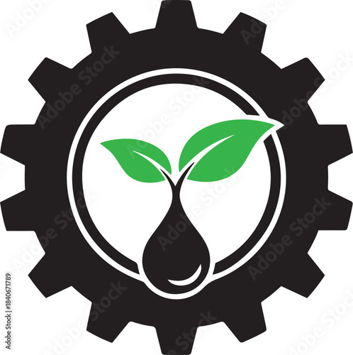 Black gear with green sprout and water drop inside white circle logo cogwheel plant