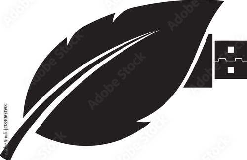 Black silhouette of a leaf with a U S B flash drive symbol integrated technology