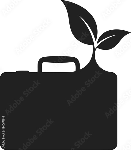 Black silhouette of a briefcase with a growing plant emerging from the top business growth