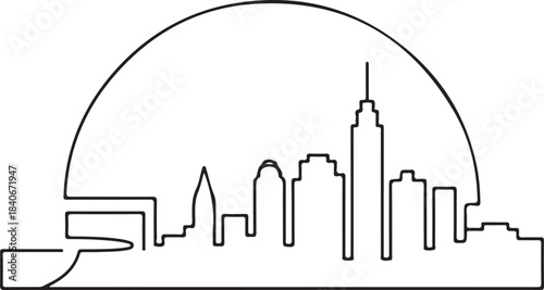 Continuous Line Art Skyline Contained Inside a Semicircle Frame in Minimal Contour Outline Style