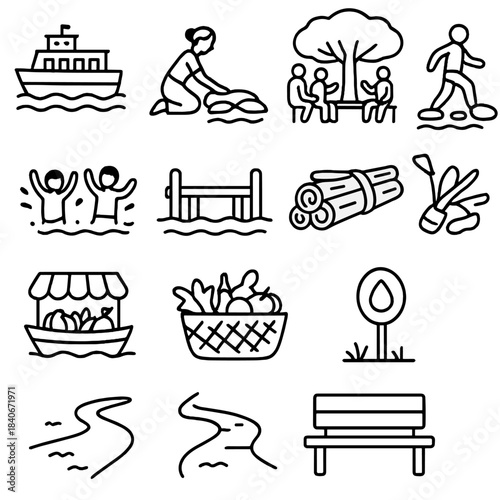 River Community Icons. River Community Activities linear set: ferry boat, laundry stones, gathering spot, shallow crossing, children splashing icon, communal dock, firewood bundle,