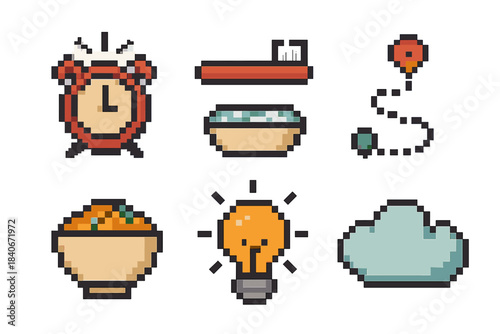 Daily Routine Icons. Everyday routines pixel style set: wake alarm, toothbrush, commute path, lunch bowl, home light, rest cloud.