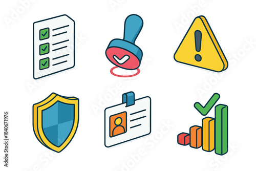 Safety Standards Icons. Safety Standard Icons isometric flat set: requirement list, confirm stamp, caution sign, protective shield, audit card, compliance bar.