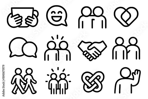 Friendship Icons Collection. Friend Companionship Icons linear set: shared cup, laughter bubble, friendly embrace, heart link, chat circle, warm presence icon, trust gesture,