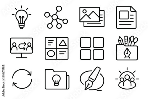 Creative Icons Collection. Imaginative Group Processes linear set: inspiration bulb, mind-map node cluster, theme card set, design notes, collaborative canvas, style swatches,