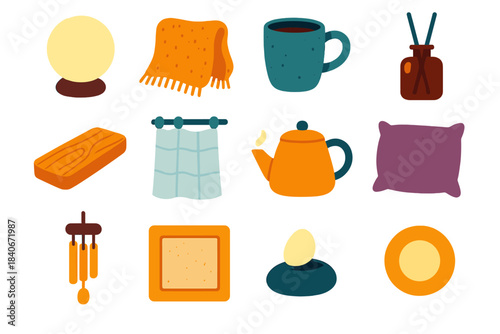 Mindful Slow Living Icons. Mindful Slow Living flat set: dim lamp orb, textured throw cloth, handmade mug, oak side plank, scent diffuser bottle, airy curtain tile, slow-steep pot,