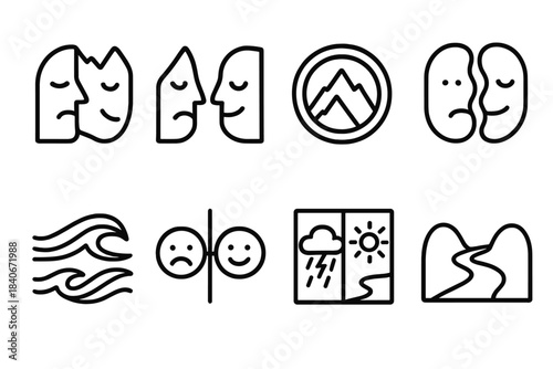 Emotion Landscape Icons. Polarized Emotion Landscapes linear set: dual-emotion ridge, contrasting feeling valley, tension peak ring, emotional divide tile, opposing-current wave,