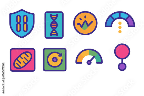 Molecular Longevity Icons. Molecular longevity mechanisms flat set: telomere shield tile, repair enzyme bar, ROS sensor node, protein stability arc, mitochondrial monitor, cellular