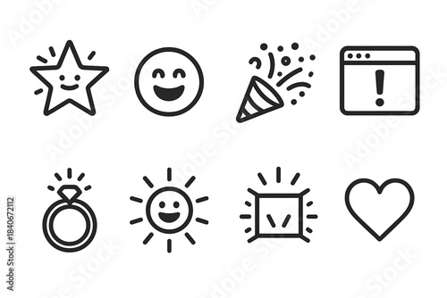 Joyful Surprise Icons. Unexpected Delight Icons linear set: popping star, delighted smile mark, confetti spray, surprise window, happy spark ring, joyful beam, bright reveal icon,