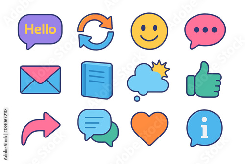 Vibrant Isometric Icons. Daily Interaction Elements isometric flat set: hello bubble, update arrow, mood indicator, comment tag, message cue, everyday notebook, thought spark,
