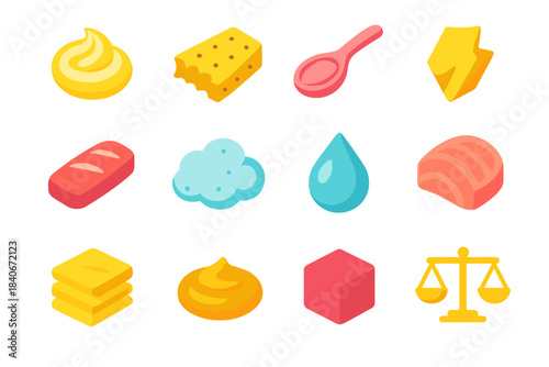 Texture Icon Set. Texture & Mouthfeel Elements isometric flat set: creamy swirl, crunchy bite icon, velvety spoon, crispy shard, chewy piece, airy foam, juicy droplet, tender slice