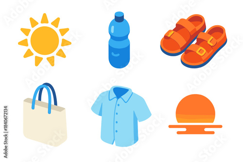 Summer Essentials Icons. Independence Day Summer Routine isometric flat set: morning sun icon, fresh water bottle, walking sandals, simple tote bag, breezy shirt, evening glow.